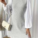 Casual A-Shaped Knitted Color Stitching Lantern Sleeve Dress with Lapel Back Keyhole, Women's Clothing