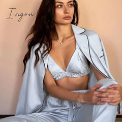 Ingvn - Fashion Solid Color Satin Robe Set With Bra Sexy Pajamas Set Female Home Suit For Women Pajama Spring Long Sleeve Sleepwear