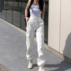 Ingvn - Button Pockets Patchwork Cargo Pants Women Streetwear High Waist Trousers Women Fashion Pencil Pants Joggers Women