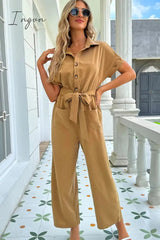 Ingvn - Tie Belt Buttoned Short Sleeve Collared Neck Jumpsuit