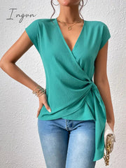 Ingvn - Tied Surplice Neck Short Sleeve Blouse