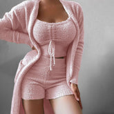 Autumn Winter 3 Piece Fluffy Outfits Plush Sexy Backless Fleece Pyjamas Women Casual Sports Sweatshirt Home Wear Sets Tracksuit