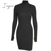 Ingvn - Autumn Fashion Sexy Solid Turtleneck Skinny Mini Dress Women Rib Knit Keep Warm Long Sleeve Slim Dress Streetwear