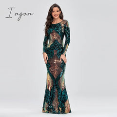 Ingvn - Hot Sale O-neck Long-Sleeve Shinning Sequins Evening Dresses Sexy Backless Mermaid Party Gowns Maxi Elegant Multi Female Robes vestidos
