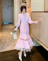 Ingvn - Fashion Runway Women Pleated Party Dress Spring Sexy V Neck Lantern Sleeve Chiffon Patchwork Lace Bodycon Slim Long Dress