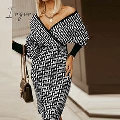 Ingvn - Women Deep V-Neck Striped Plaid Party Dress Long Sleeve Spring Autumn Casual Ladies Hip Dress Skinny Sweet Streetwear Vestidos