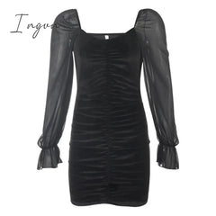 Ingvn - Gothic Sexy Dress Vintage Off Shoulder Lantern Sleeve Mesh Patchwork Velvet Mini Dress Dark Street Black Dress for Female