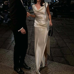 Sexy Spaghetti Strap Backless Evening Dress Women Satin Scarf Collar High Split Dress Lady Elegant Bodycon Party Dress