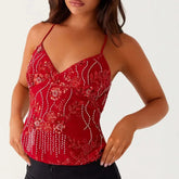 Sexy Sequin Rhinestone Crop Tops Women Y2k Fairy Coquette Camis Pearl Glitter V Neck Backless Tank Shirt Vest Beach