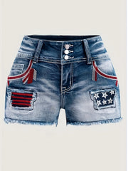 Women's High-stretch Single-breasted American Flag Patchwork Raw Hem Distressed Independence Day Outfit 4th Of July Embroidered Ripped Denim Shorts