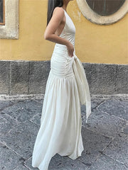 V-Neck Backless Lace-Up Long Dress Women's Ruffled Patchwork Sexy Bandage High Waist Solid Dress Ladies Autumn Maxi Dress