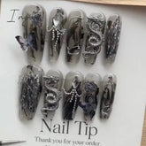 Punk Dragon Charms Press on Nail Artificial Long False Nails XS Black Dragons Goth Presson Tips Butterfly Fake Nail y2k Pressons