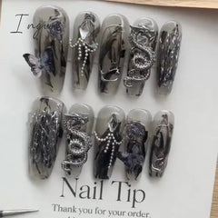 Punk Dragon Charms Press on Nail Artificial Long False Nails XS Black Dragons Goth Presson Tips Butterfly Fake Nail y2k Pressons