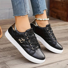 Women's Solid Color Casual Sneakers, Lace Up Platform Soft Sole Quilted Skate Shoes, Low-top Comfort White Shoes
