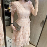 Ingvn - Pink Lace Embroidery Maxi Dress Female spring Winter Full sleeve high waist Ruffle elegant Long party dresses Woman