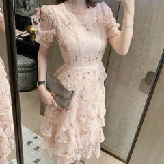 Ingvn - Pink Lace Embroidery Maxi Dress Female spring Winter Full sleeve high waist Ruffle elegant Long party dresses Woman