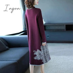Ingvn - Trends high quality New Year Women's Autumn/Winter Long Sleeve Knitted Wool Dress Loose High Collar Knee-Length Dress Slim Casual Dress Party Dress