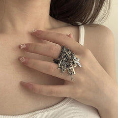 INGVN Hip Hop Multi-Layer Ring Black Chain Cross Fringe Pendant Ring Unisex Men Women Fashion Trend Punk Jewelry Accessories
