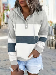 Long Sleeve Striped Drop Shoulder Hoodie - Soft Micro Elastic Polyester Fabric, Button Details, Machine Washable, Casual Style for Fall/Winter - Womens Clothing
