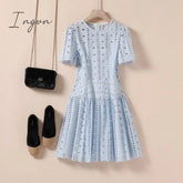 Ingvn - Summer Outfits High Quality Summer Hollow White Lace Two-Piece Dress Zomerjurk Dames High-Waisted Women Party Dress Vestidos De Verano N