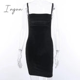 Ingvn - 2023 Womens Fashion Black Velvet Spaghetti Strap Dress Front Ruched Mini Skinny Sleeveless Off Shoulder Women Fashion Elegant Party Dress