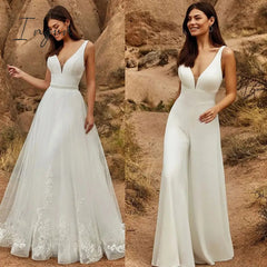 Ingvn - 2 In 1 Wedding Jumpsuit With Detachable Skirt Two Pieces Bridal Dresses Pants Suit For Women Lace Tulle V-Neck Sweep Train Gowns