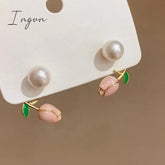 French Light Luxury Pink Tulip Flower Pearl Stud Earrings For Women Korean Zircon Exquisite Earring