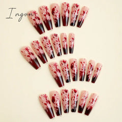 Halloween Red Bloodstain False Nails Long Coffin Ballet Full Cover Press On Detchable Fake Nail