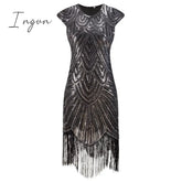 Ingvn - 1920S Flapper Dress Great Gatsby O - Neck Cap Sleeve Sequin Fringe Party Midi Vestido De