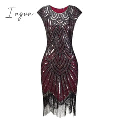 Ingvn - 1920S Flapper Dress Great Gatsby O - Neck Cap Sleeve Sequin Fringe Party Midi Vestido De