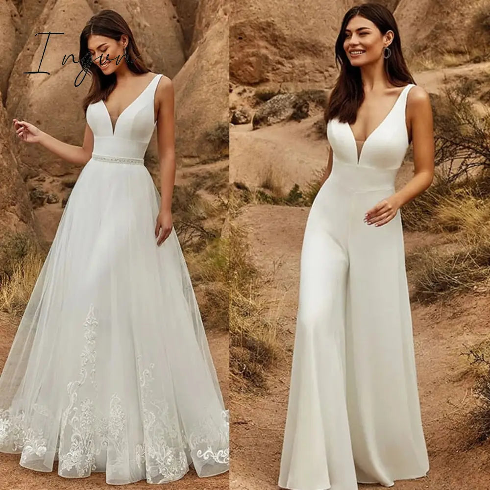 Ingvn - 2 In 1 Wedding Jumpsuit With Detachable Skirt Two Pieces Bridal Dresses Pants Suit For