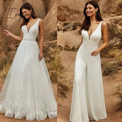 Ingvn - 2 In 1 Wedding Jumpsuit With Detachable Skirt Two Pieces Bridal Dresses Pants Suit For
