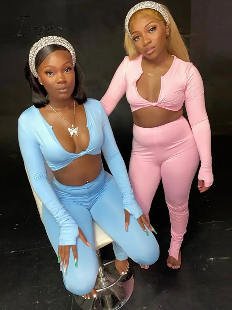 Ingvn - 2 Piece Outfits For Women Sexy Long Sleeve Crop Tops Drawstring Leggings Pants Sets Casual