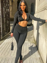 Ingvn - 2 Piece Outfits For Women Sexy Long Sleeve Crop Tops Drawstring Leggings Pants Sets Casual