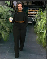 Ingvn - 2023 Elegant Work Wear Two Piece Set Fall Clothes For Women Ruffles Crop Top And Wide Leg