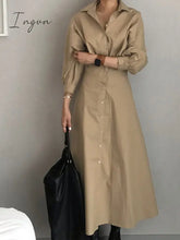 Ingvn - 2023 Fashion Female A Line Robe Solid Lapel Vestidos Women Casual Long Sleeve Dresses