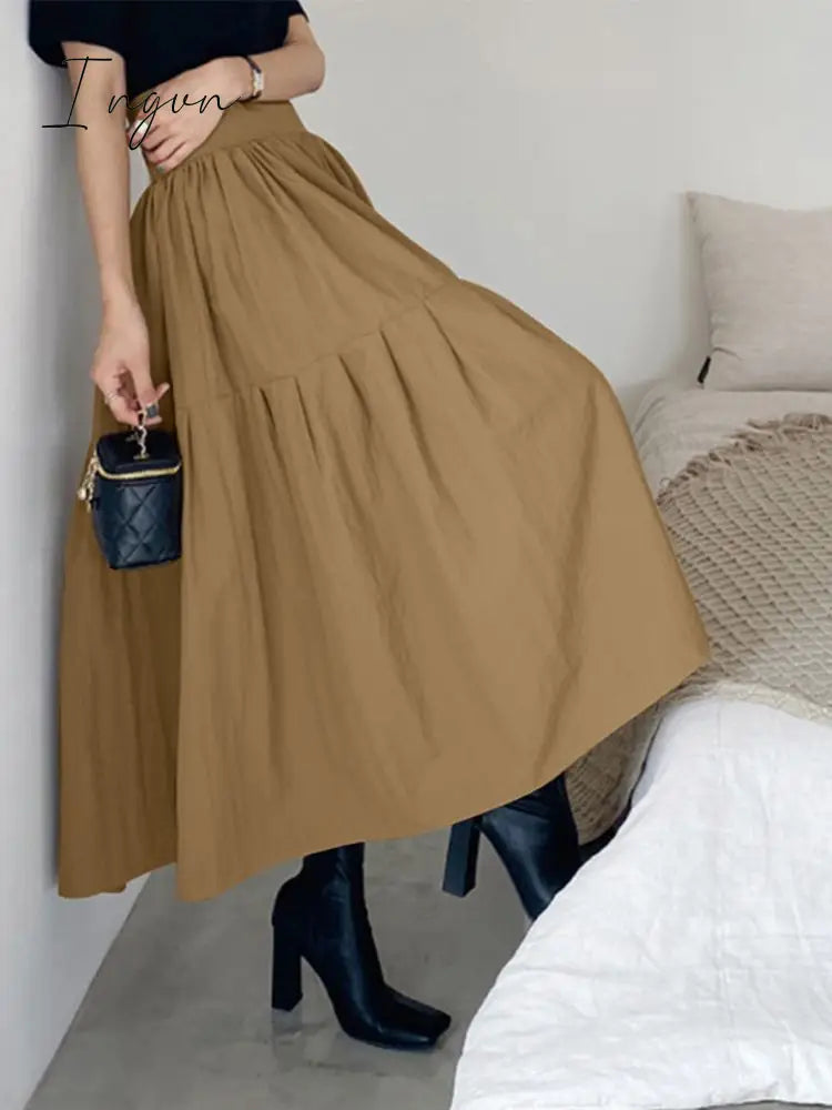 Ingvn - 2023 Fashion High Waist Skirt Women Vintage Pleated Zipper Swing Long Casual Loose Solid