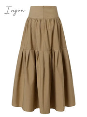 Ingvn - 2023 Fashion High Waist Skirt Women Vintage Pleated Zipper Swing Long Casual Loose Solid