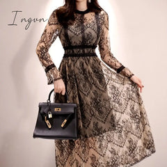 Ingvn - 2023 Fashion Outfits Spring Elegant Sexy Women Vintage Lace Long Sleeve O-Neck Robe Femme