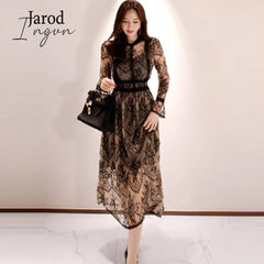 Ingvn - 2023 Fashion Outfits Spring Elegant Sexy Women Vintage Lace Long Sleeve O-Neck Robe Femme