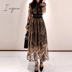 Ingvn - 2023 Fashion Outfits Spring Elegant Sexy Women Vintage Lace Long Sleeve O-Neck Robe Femme