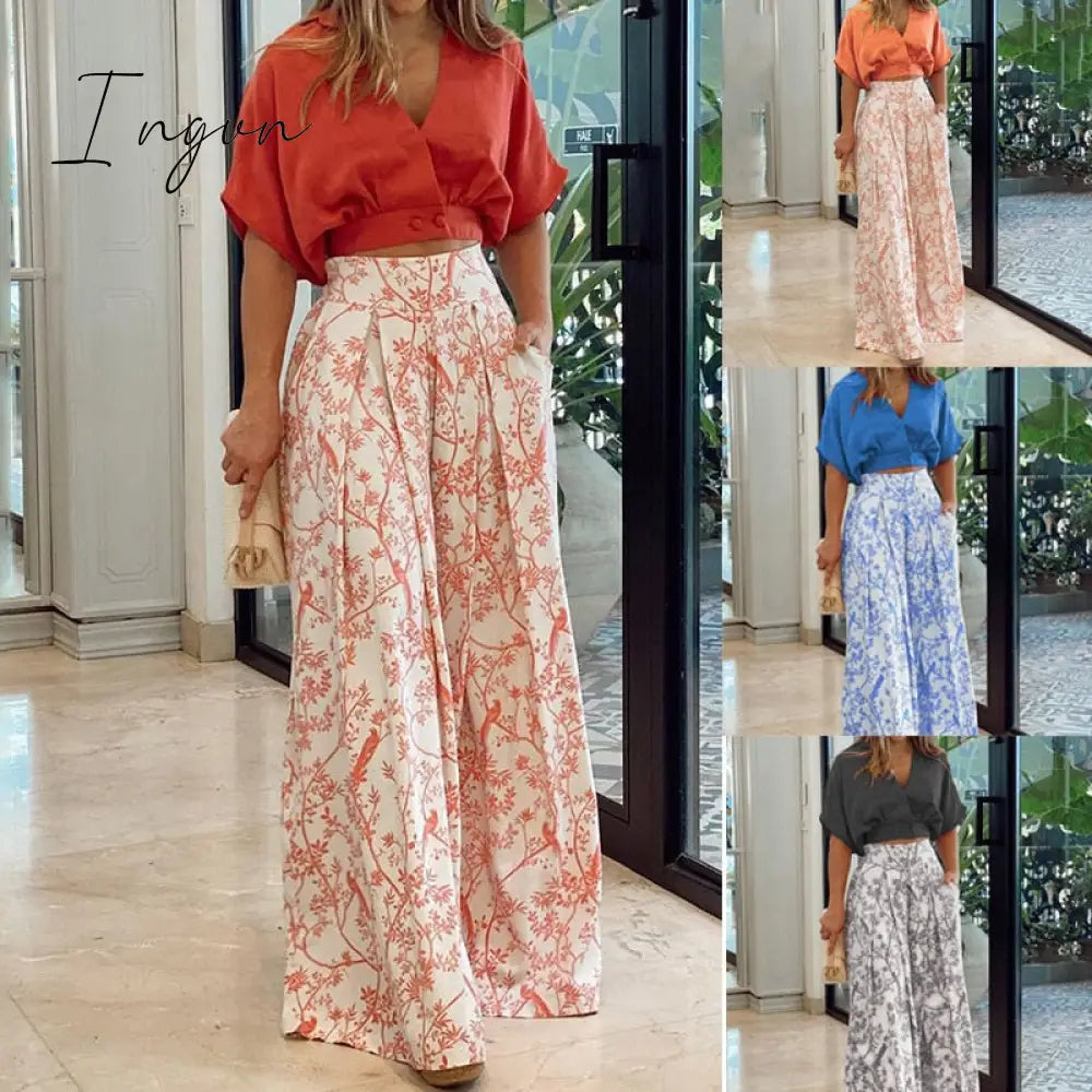 Ingvn - 2023 Fashion Summer Autumn Two Piece Sets Womens Sexy Mid Sleeve Shirt Elgant Floral Print