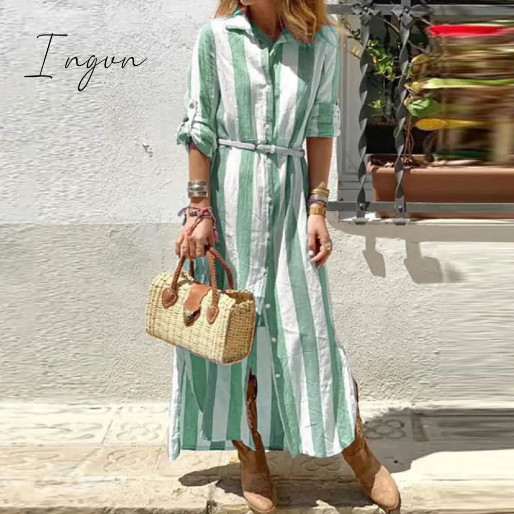 Ingvn - 2023 Fashion Trends Autumn Casual Long Sleeve Office Shirt Dress Elegant Striped Print