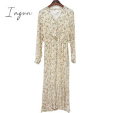 Ingvn - 2023 Fashion Trends Elegant Ruched Floral Print Women Autumn Dress Sexy V-Neck Full Sleeve