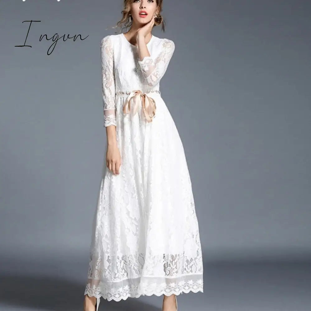 Ingvn - 2023 Fashion Trends High - End Hollow Out White Lace Dress Women Maxi Robe Femme Ete Autumn