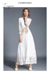 Ingvn - 2023 Fashion Trends High - End Hollow Out White Lace Dress Women Maxi Robe Femme Ete Autumn