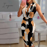 Ingvn - 2023 Fashion Women’s Clothing Summer Elegant Round Neck Button Sleeveless Belt Casual