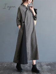 Ingvn - 2023 New Arrival Plaid Buckle Vintage Chinese Style Spring Dress Cheongsam Cotton Linen