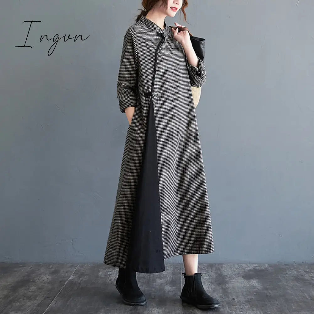Ingvn - 2023 New Arrival Plaid Buckle Vintage Chinese Style Spring Dress Cheongsam Cotton Linen