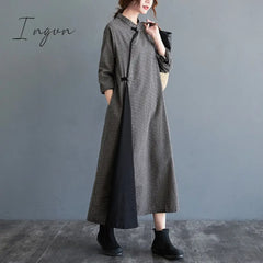 Ingvn - 2023 New Arrival Plaid Buckle Vintage Chinese Style Spring Dress Cheongsam Cotton Linen